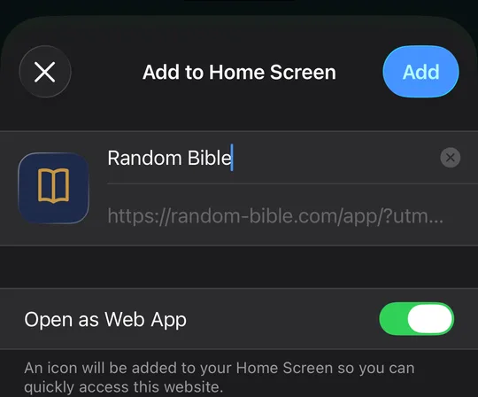 The Add to Home Screen sheet, showing the Random Bible name and icon and an Add button.
