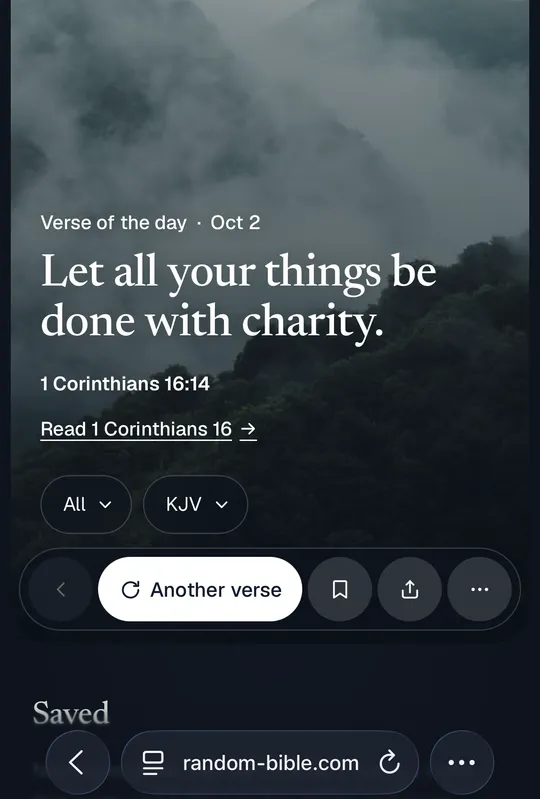 random-bible.com open in Safari on an iPhone, with the address bar at the bottom of the screen.