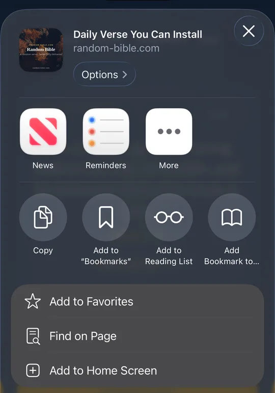 Safari's share sheet on iPhone, with Add to Home Screen in the list of actions.