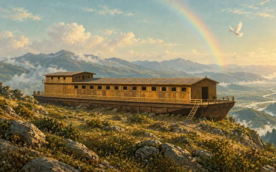 Noah's ark resting high on a mountainside after the flood, a rainbow and a dove in the sky